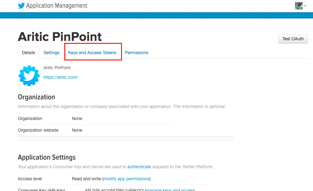 Twitter keys and access tokens