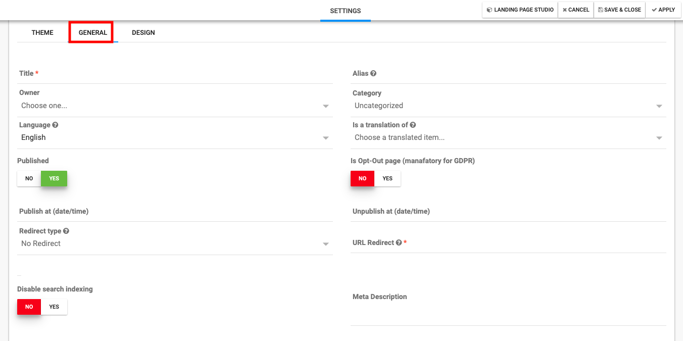 Landing page - general settings